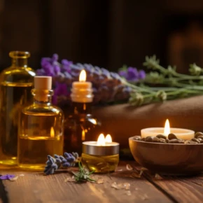 fioles d'huile et bougie avec des brins de lavande